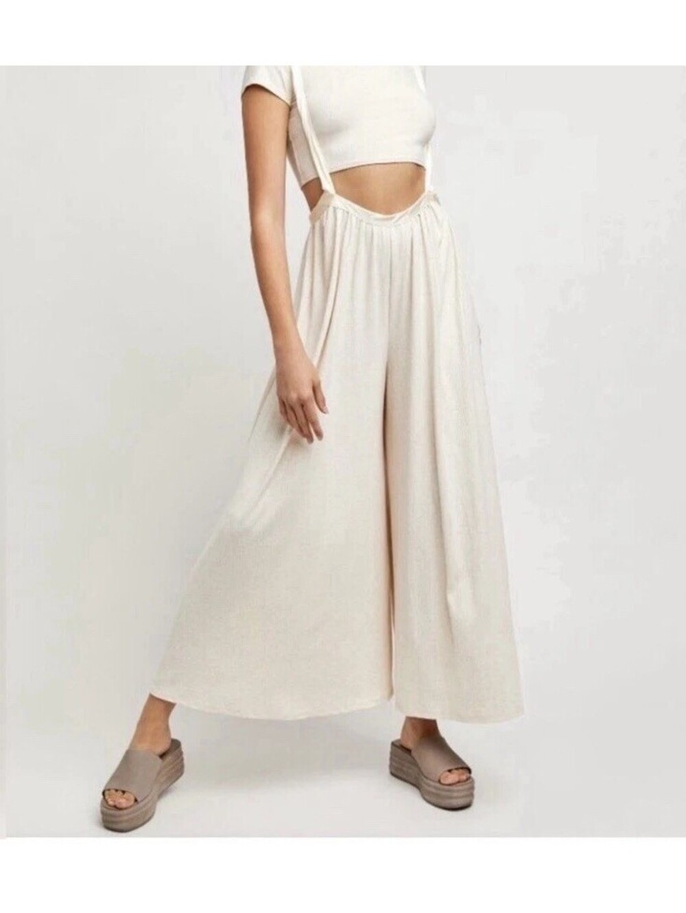 FREE PEOPLE Brookside Stretch Ribbed Knit Wide Leg Overall Pants Ivory Cream S